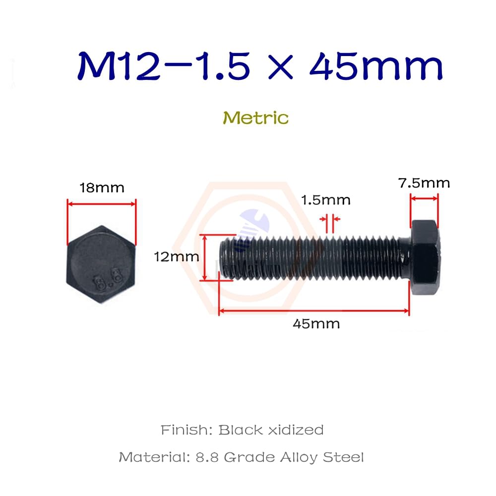 5pcs M12-1.5×45mm Metric Fine Thread 8.8 Grade Black Alloy Steel Hex Head Screws