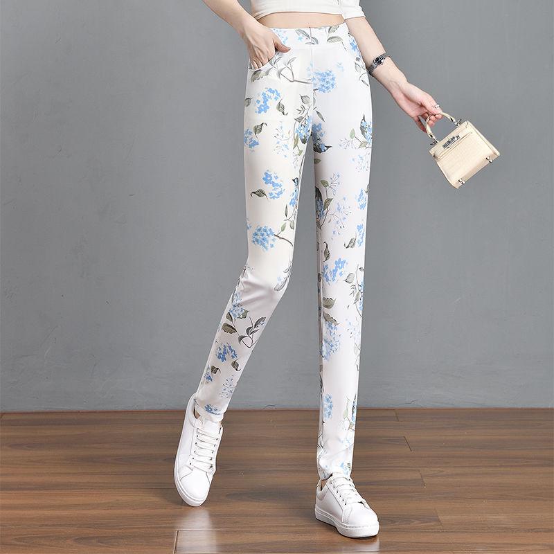 Cuihua Floral Plaid Women's Slimming Pants - 2024 Summer, Trendy, Elastic Waistband, Long Length