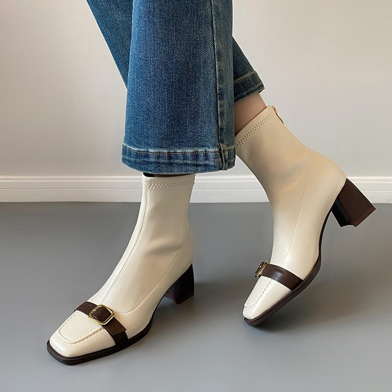 Fashion Vintage Thick Heel Woman Ankle Boot Fashion Belt Buckle Ladies Elastic Slim Short Booties Autumn Winter Women's Shoes