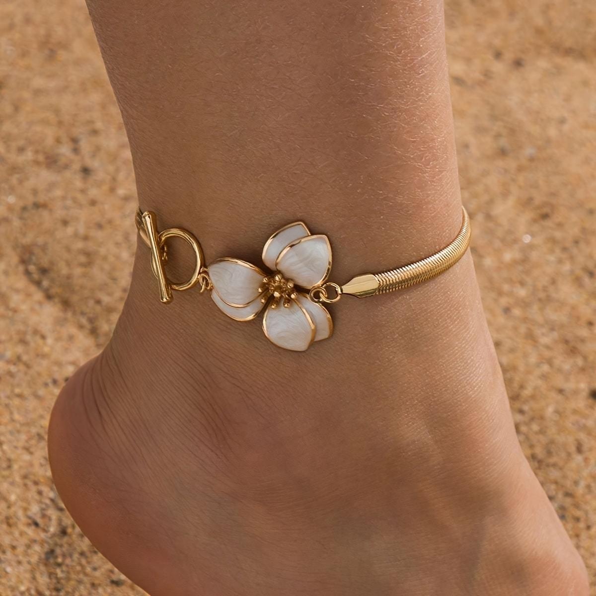 

Elegant Enamel Flower Snake Bone Chain Anklet For Women Men Cute Plant Floral Ankle Bracelet Foot Chain Versatile Beach Jewelry