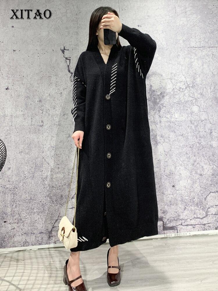 

XITAO однобортное вязаное платье в полоску модное свободное WLD10175