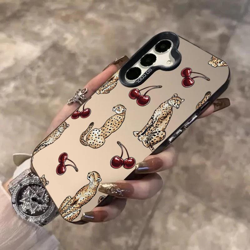Cherry Leopard Design Laser Phone Case For Samsung Galaxy S25 FE Cases S24 Ultra S23 S22 Plus A56 A55 A54 A53 A36 A26 A16 Cover