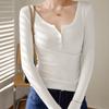 Navava Women Slim FiT Solid Rib BUTTon U Neck Long Sleeve T shirT nT3207