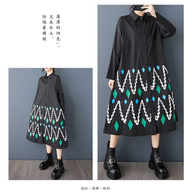 Loose Large Size Printed Splicing Casual Simple Sweetheart Long Sleeve Dresses