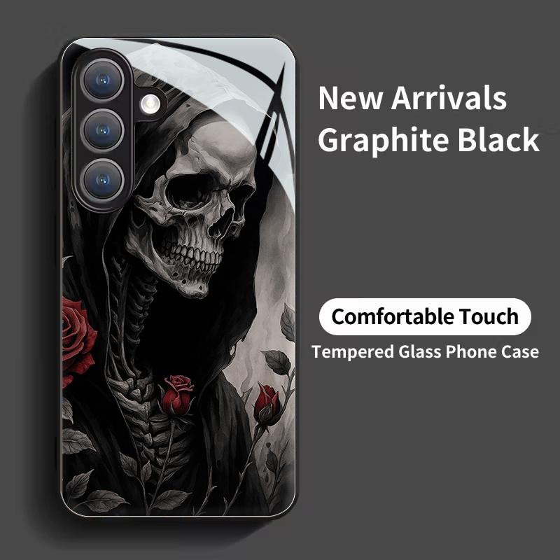 Skull Rose Pattern Glass Phone Case Suitable for Samsung Galaxy S26 S25 S24 S23 S22 S20 FE/Ultra/Plus Anti Drop Back Cover