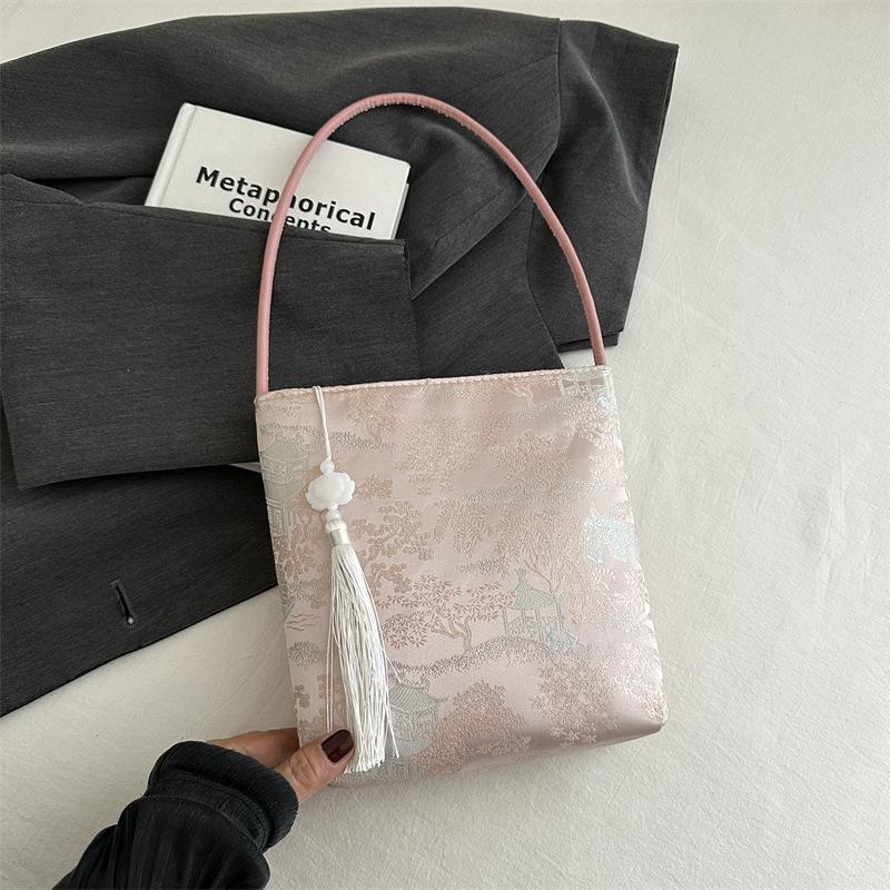 

Супер Огонь Новая китайская сумка женская 2025 новая Гофэн на плечо подмышку портативная античная сумка-ведро Ханфу розовый