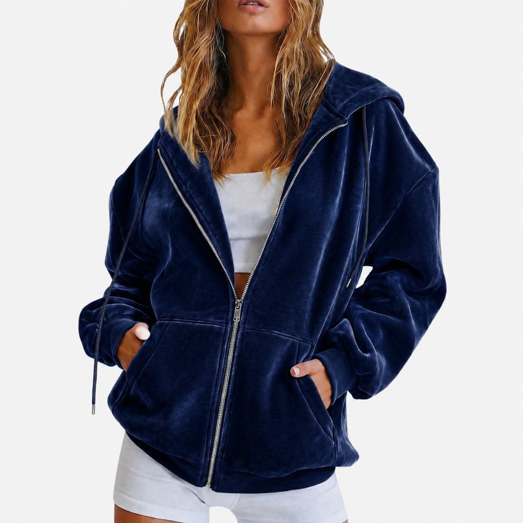 Women Jacket Solid Color Velvet Loose Fit Hooded Sweatshirt Long Sleeve Casual Outerwear Grey Navy Burgundy Zip Up Jacket