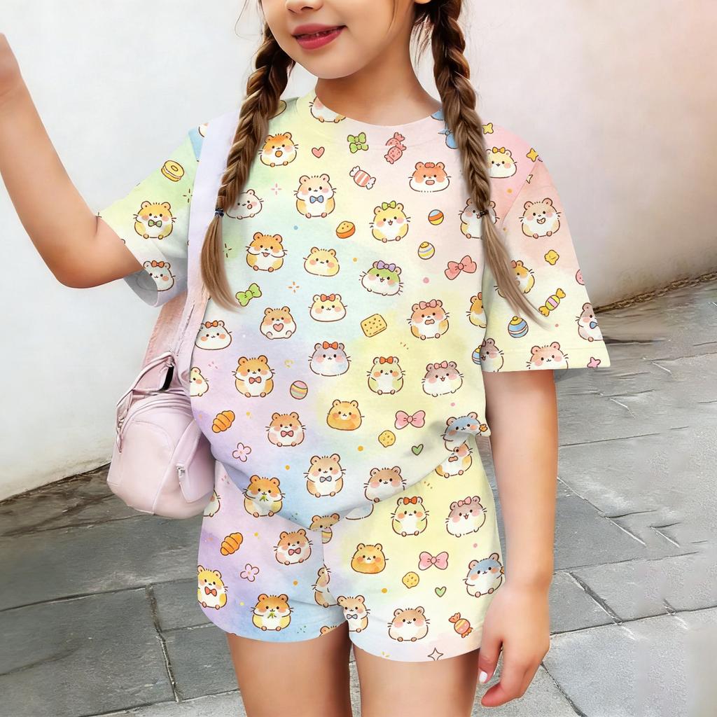 Kids Casual Short Sleeve Top and Shorts Set Lightweight Comfortable Soft Fabric Animal Print Summer Outfit for Boys and Girls