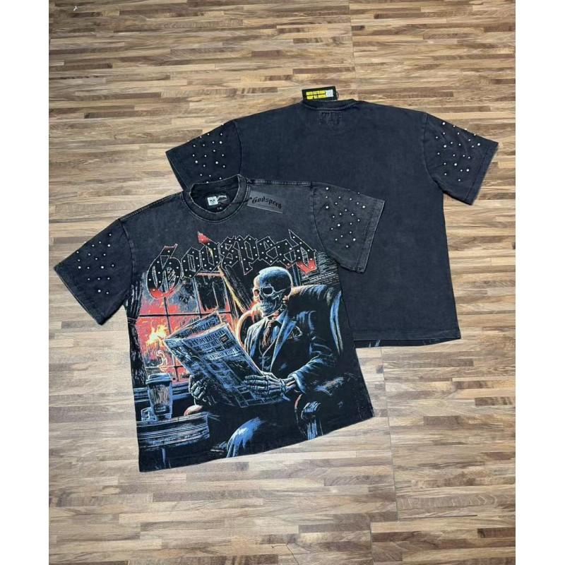 Mens Oversized Graphic Tee With Skull Print Washed Vintage Cotton T-Shirt Loose Fit Short Sleeve Crew Neck