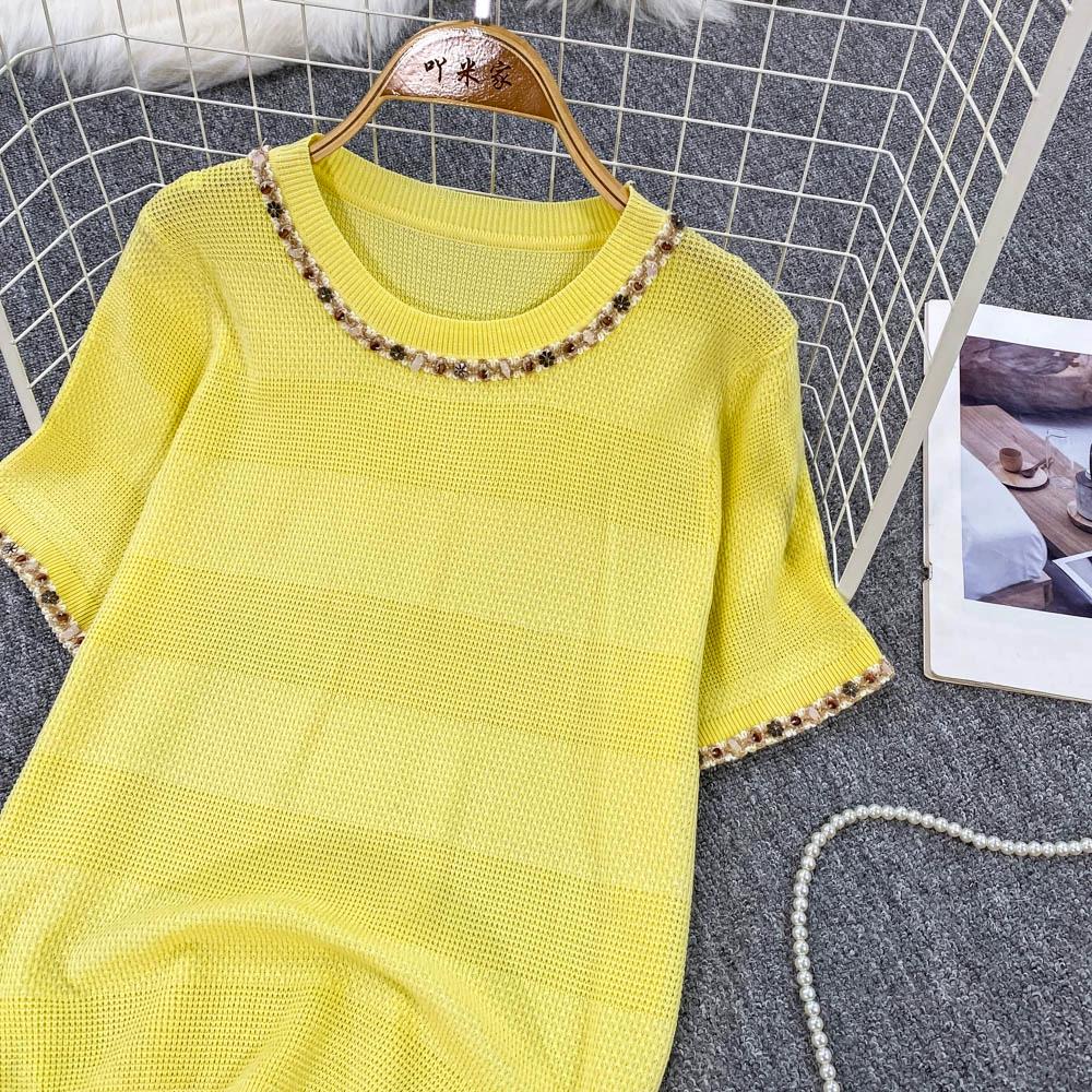 Summer Women O-neck Short Sleeve Sequined Knitted Sweater Pullover Tops