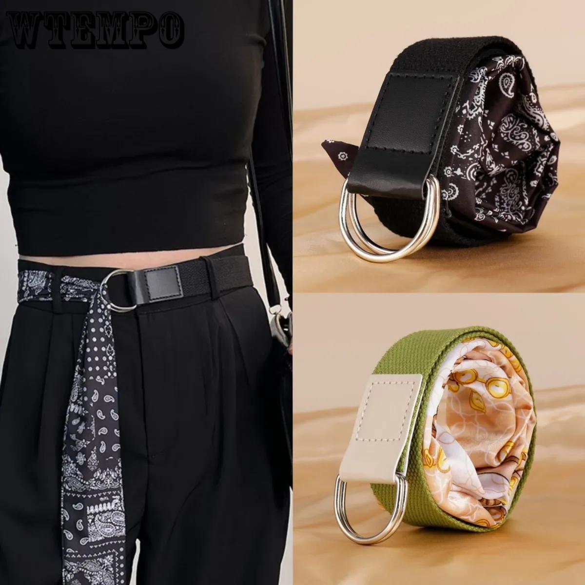 

WTEMPO Canvas Printed Silk Scarf Belt Women s Fashionable Double-loop Buckle Unique Retro Elegant Versatile Belts 1pc зелёный