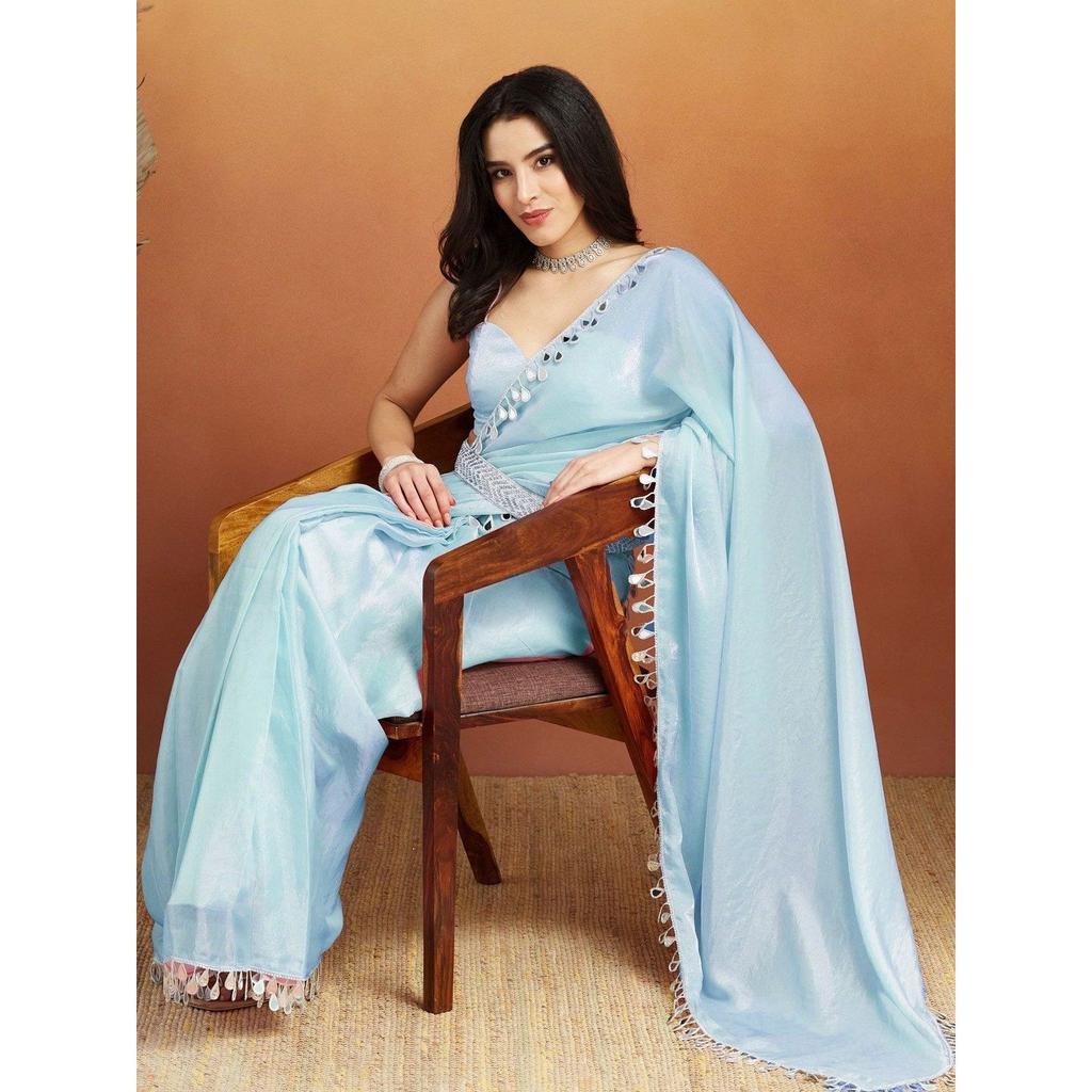 Elegant Mirror Work Fandy Satin Satin Saree Collection
