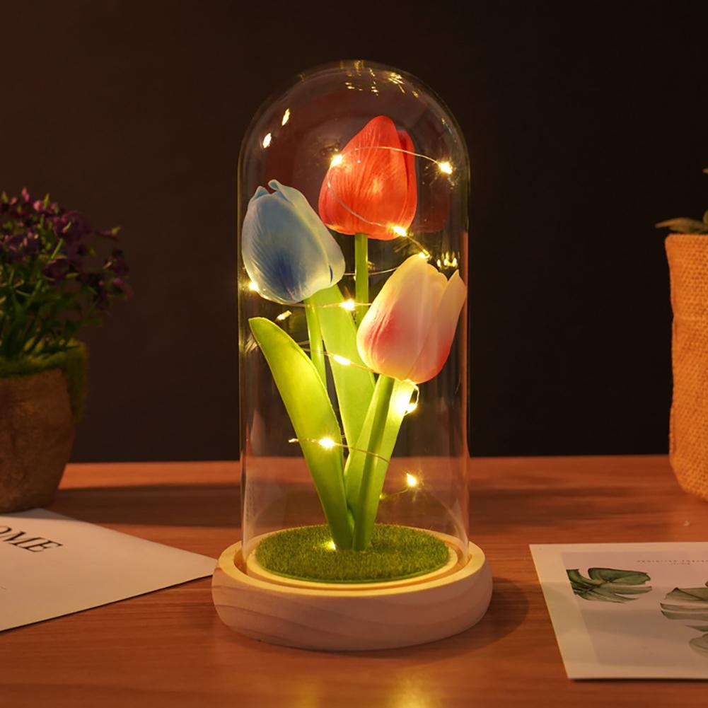 Tulip Gift For Girlfriend PU Simulation Tulip Night Light Gift With Glass Cover Decoration Creative Valentine's Day Gift Festive