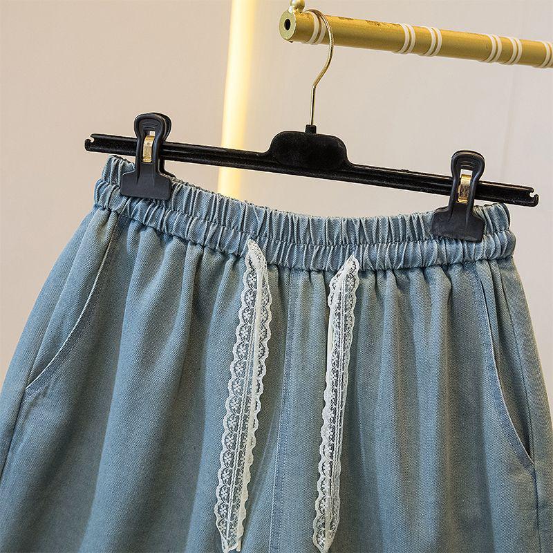 Plus Size Women's Lace Trim Denim Shorts - Loose Wide Leg Casual Capris