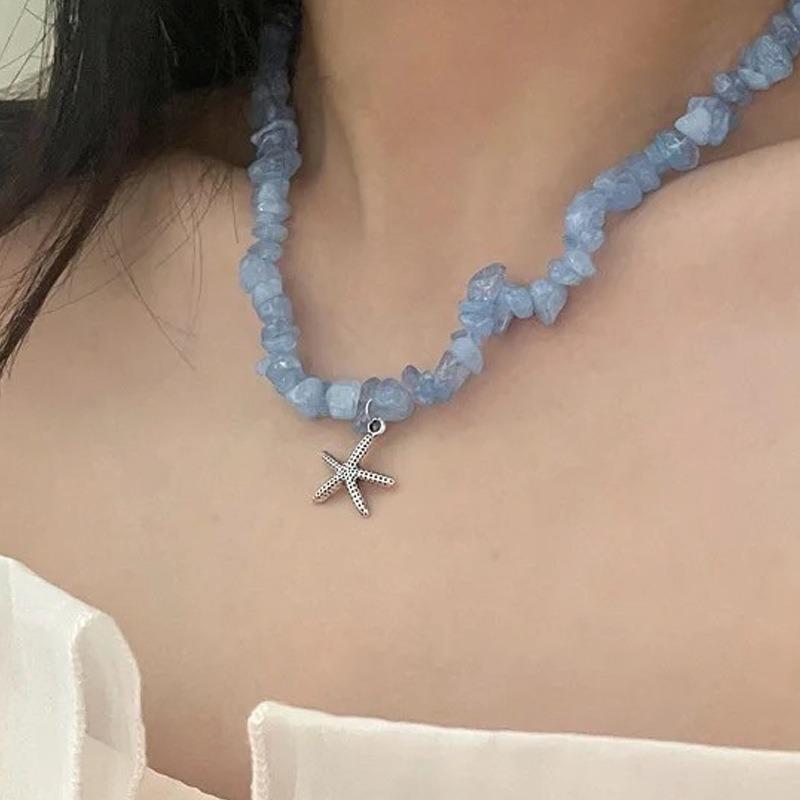 Meier Y2k ocean blue conch & starfish crushed stone necklace & earrings - subculture sweet & spicy girl style
