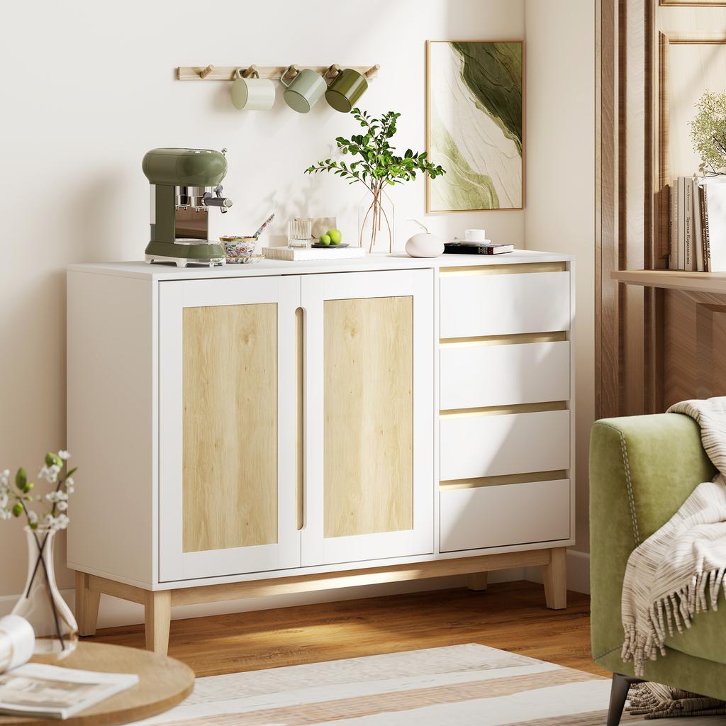 Sideboard, Storage Unit, 2 Doors, 4 Drawers, Adjustable Shelf, 120 x 40 x 86 cm, White and Oak