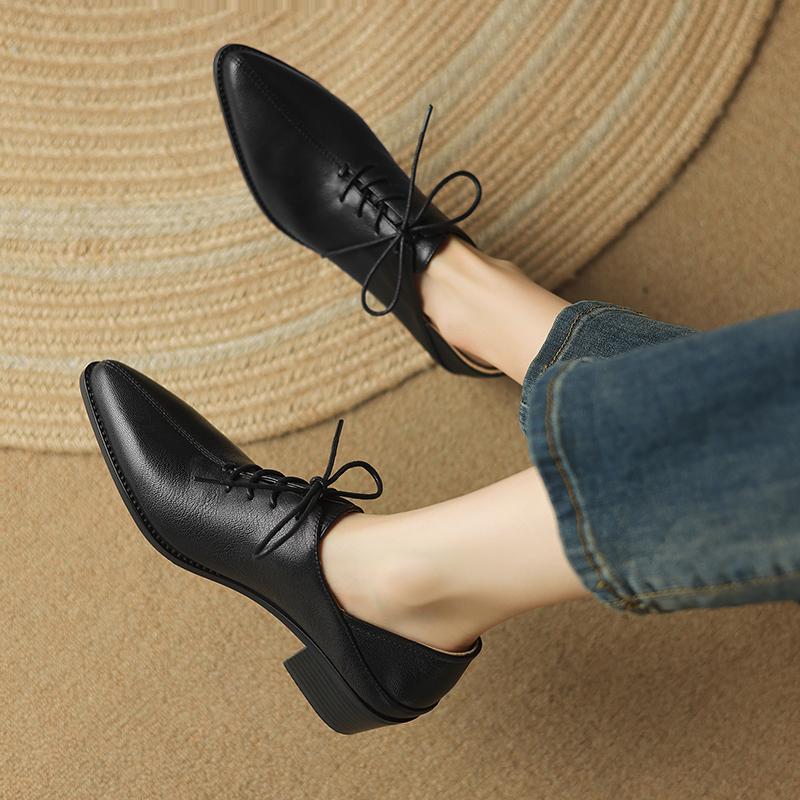 Mode 2025 Nya Klassiska Dam Pumps Vår Höst Kontor Damer Casual Hög Klack Bekväma Äkta Läder Snörskor Svarta Skor Kvinna