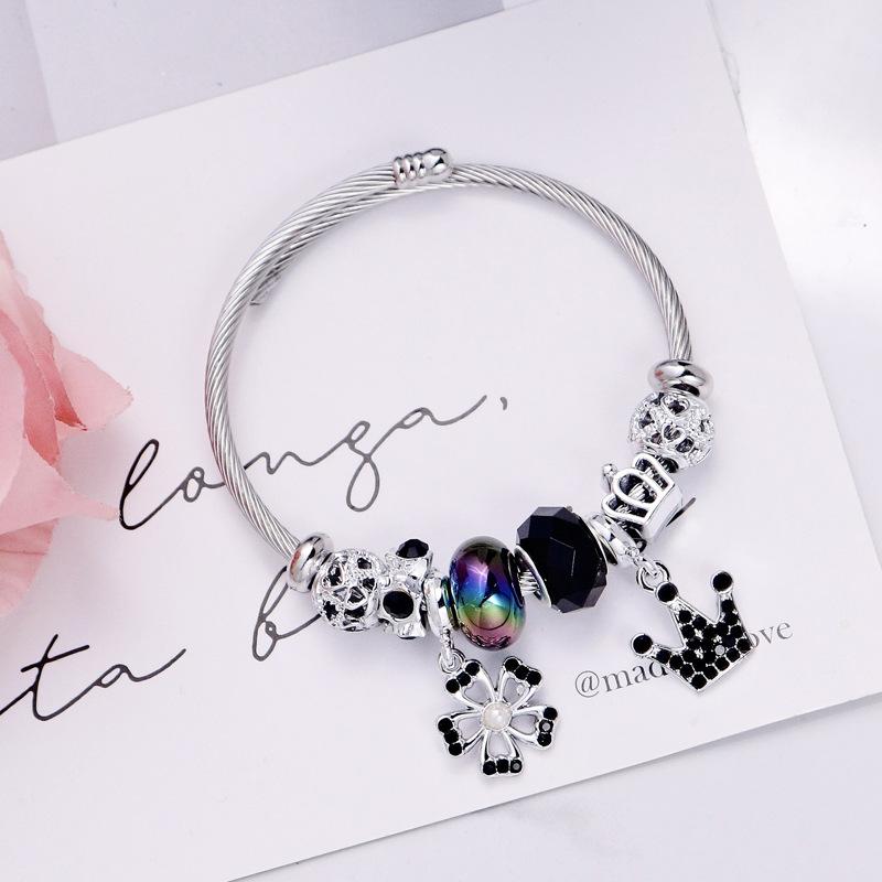 Ladies Hollow Five Petal Flower Bracelet With Diamond Crown Pendant Stainless Steel Bangle Jewelry