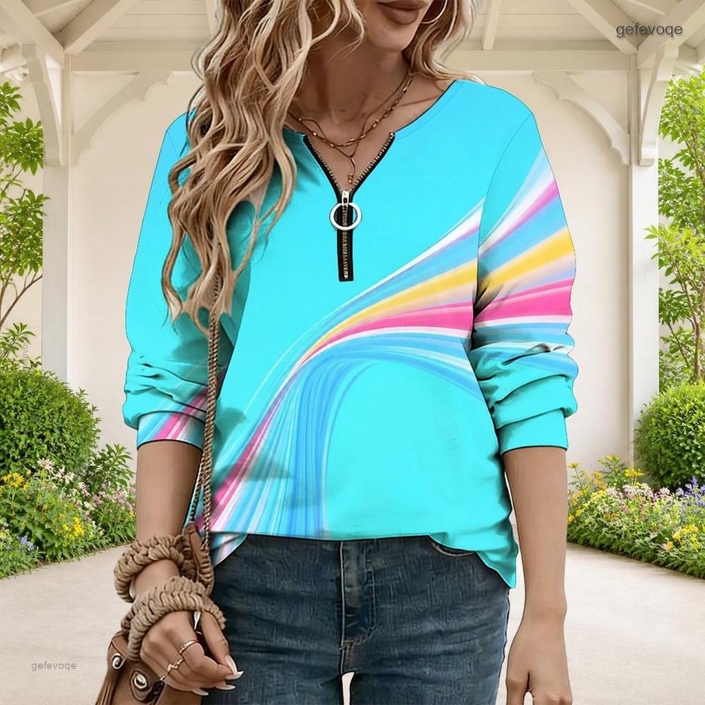 Women Plus Size V Neck Front Zip Sweatshirt Long Sleeve Ribbed Cuffs Colorful Swirl Printed Top