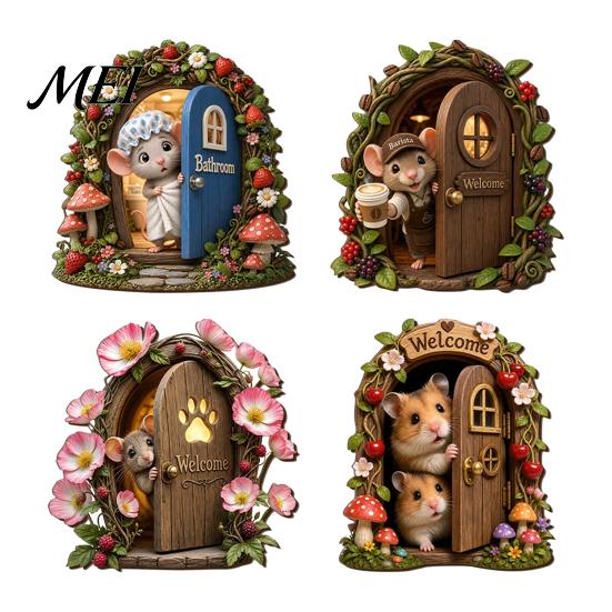Wooden Crafts Decoration Fairy Garden Decoration, Tree Hollow Cottage Door with High-Definition Elf Light UV Printing, Waterproof Acrylic Outdoor