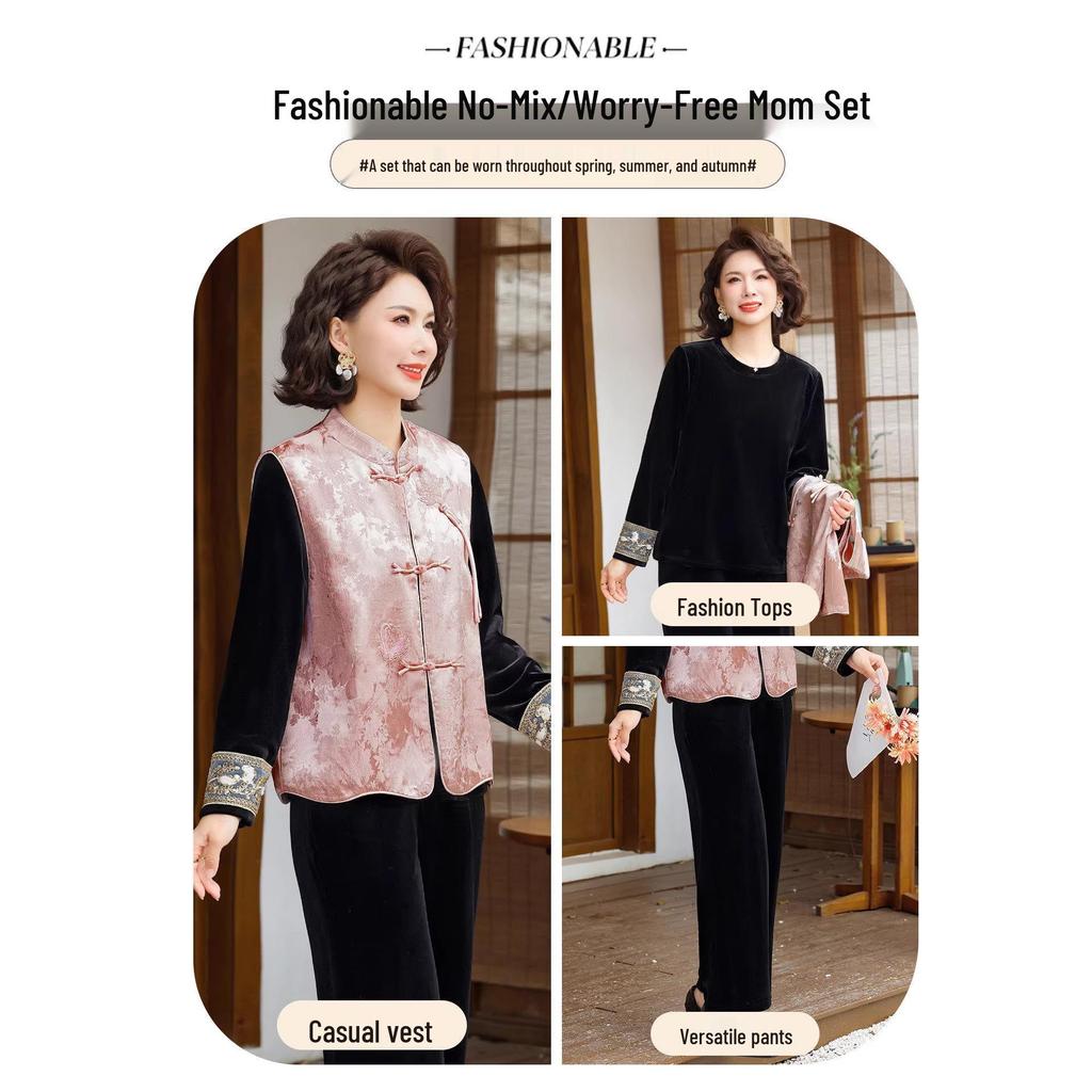 Elegant Mother's Set: Chinese-Style Spring Vest Jacket & Velvet Shirt for Middle-Aged Women