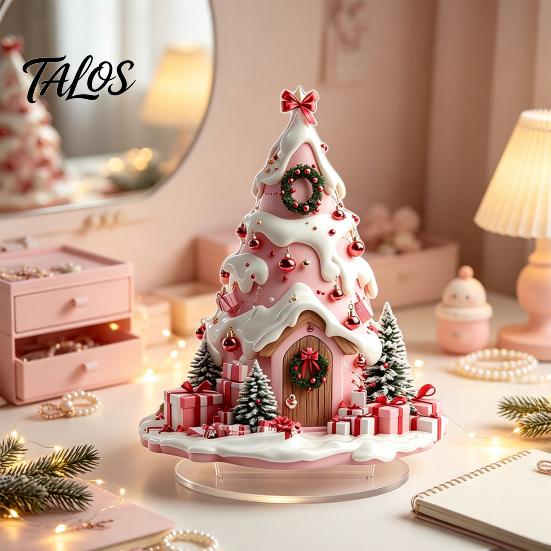 Colorful Acrylic Christmas Crafts Winter Tree Cottage Table Decoration, Double Sided Xmas Cabin Ornament Fairy Tale Igloo Decor with Stable