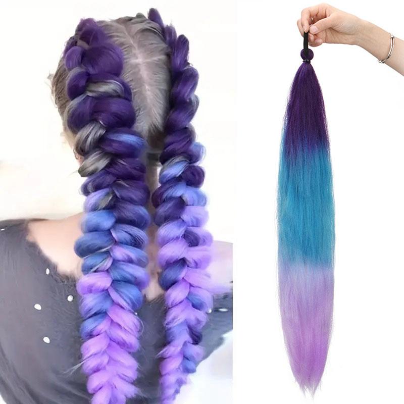 26-inch Synthetische Lange Rechte Vlecht Paardenstaart Haarverlenging Kleurverloop Elastisch Elastiek Haarstukje voor Vrouwen Cosplay