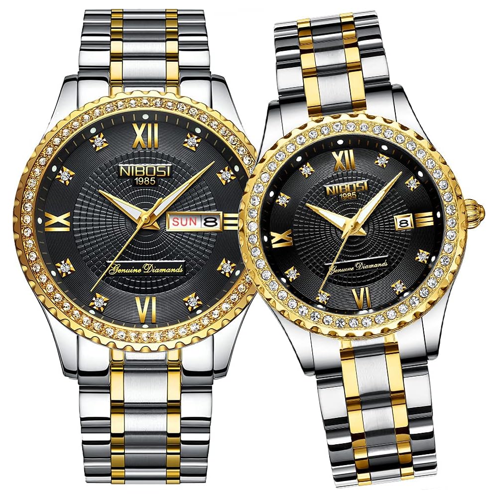 Luxury Couple s Watch Set Diamond Gold Classic Stainless Steel Waterproof for Men and Women