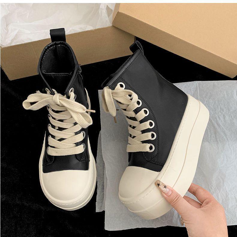 Black thick-soled high-top canvas shoes women's autumn new versatile heightening leather board shoes student casual shoes