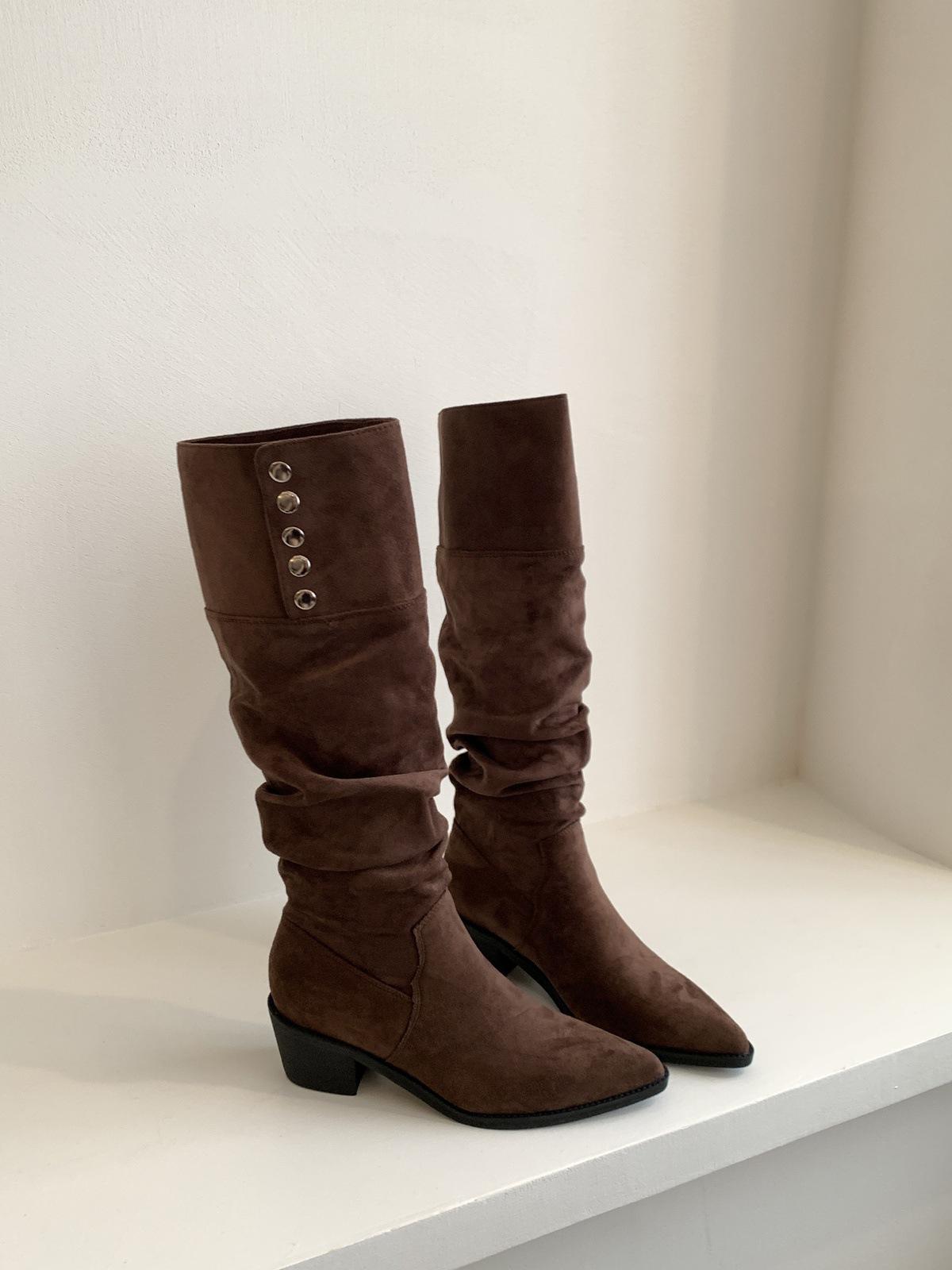 Pleated two-wear stacking boots high boots women s autumn and winter retro medium thick heel pointed over the knee boots 40 коричневый 4470₽