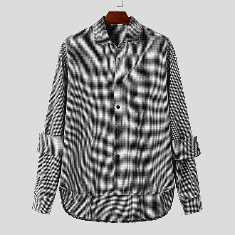 

INCERUN Мужские свободные топы с воротником-лацканами и длинным рукавом в клетку, повседневные рубашки с пуговицами и нестандартным кроем 4XL чёрный