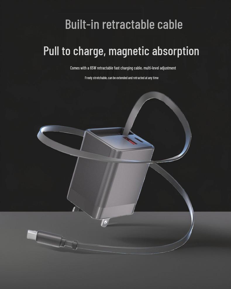 65W Dual Port PD Charger with Retractable Type-C Cable for Fast Charging (A+C)
