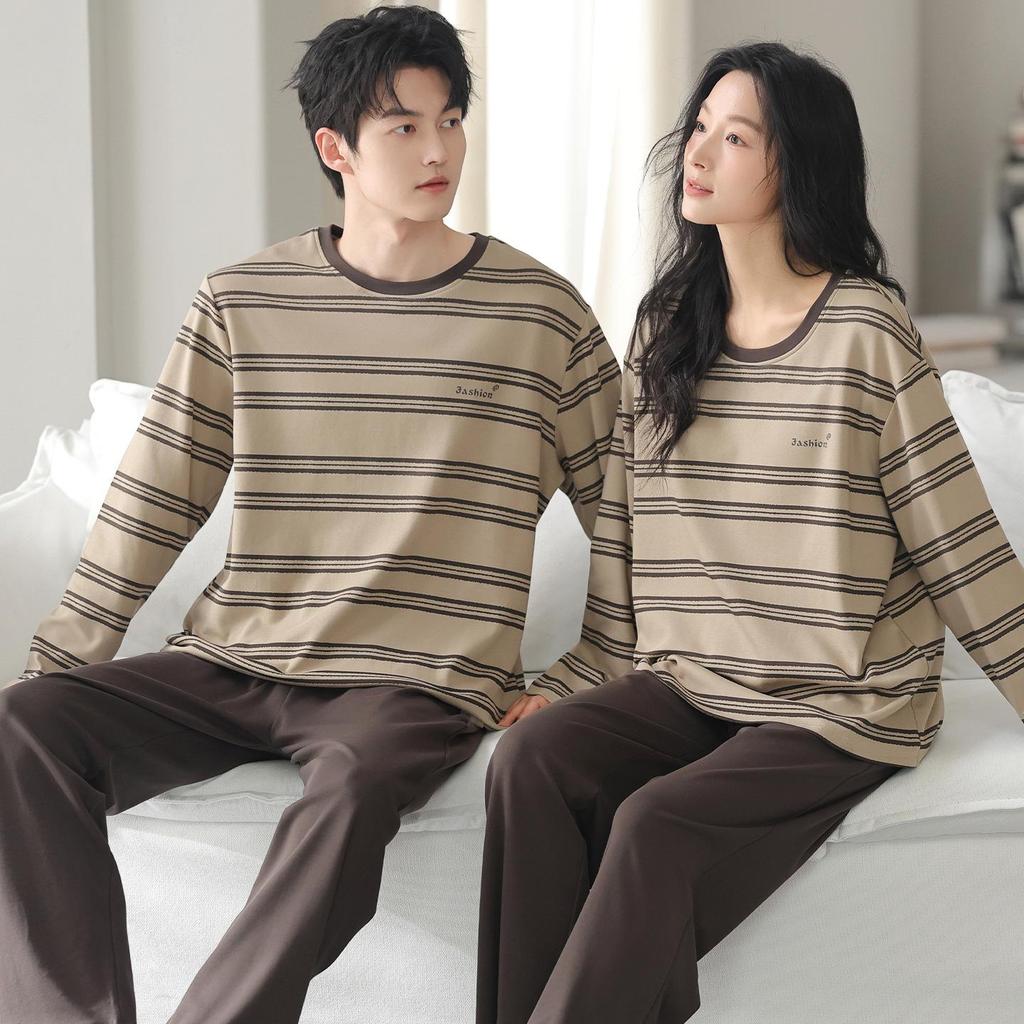 2025 New Couple's Pure Cotton Striped Pajama Set - Long Sleeve for Spring and Autumn