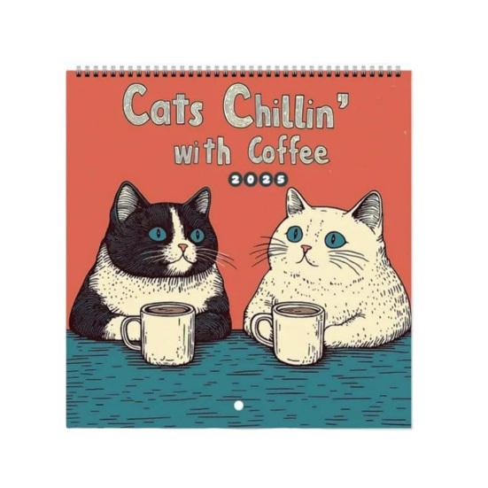 1/2Pcs 2025 Wall Calendar Cats Chillin' with Coffee Wall Calendar 12 Monthly Coffee Cats Calendar Family Office Organizer for Cat Lover Gift