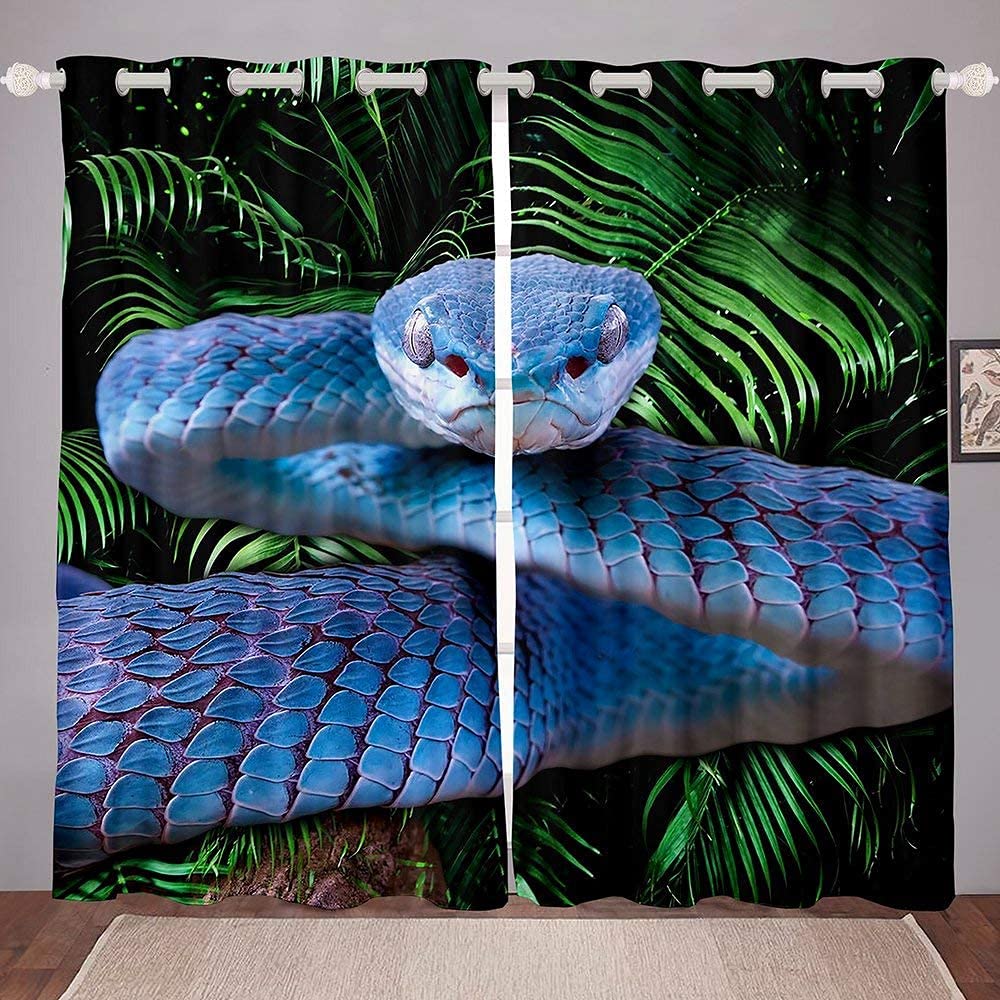 Snake Pattern Curtain Reptile Blackout Window Drapes Palm Leaf Wild Animal Stylish Curtains for Kids Boys Teens Man 2 Panels