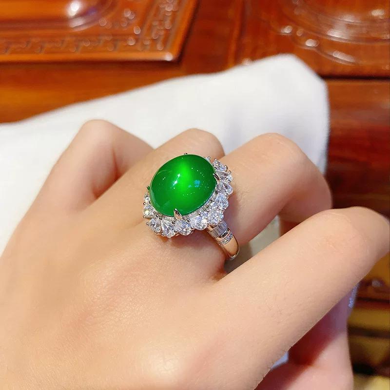 Natural Ice Transparent Green Chalcedony Agate Full Diamond Oval Ring Women's Retro Fashion Temperament Light Luxury Personality Versatile Ring