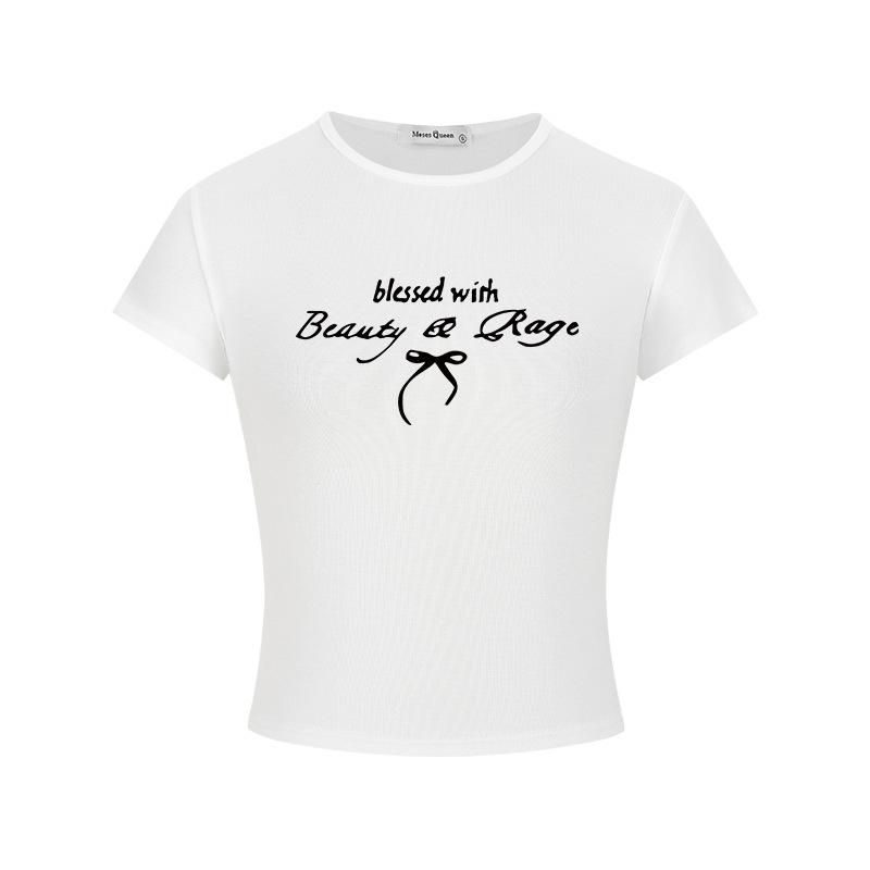 Letter Bow Short Sleeve T-Shirt Women's Summer Sweet Spice Girls Korean Slim Skinny Top Dopamine Bottom