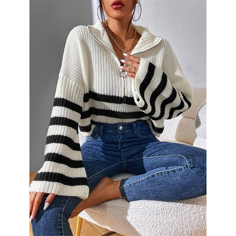 Loose Sweater Women Long Flare Sleeve Striped Zipper Stand Collar Knit Autumn Winter Thicken Warm Pullover