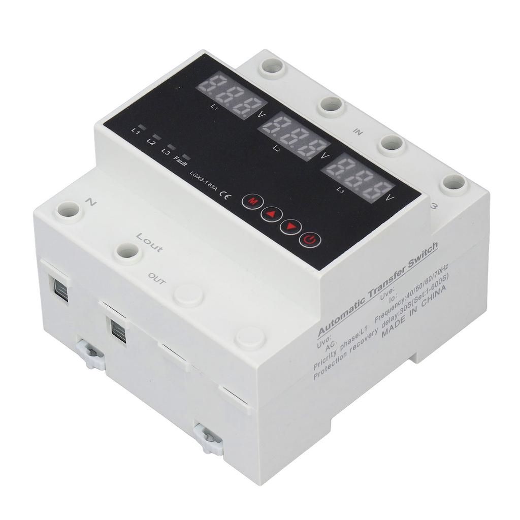 Automatic Transfer   DIN Rail Mounted 3 Phase   LED Display Under Over Voltage Protector