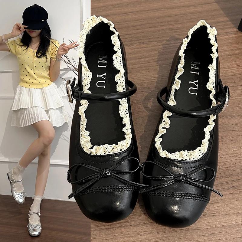 2025 Women's Mary Jane Shoes Ballet Flats Female Bow Pu Leather Shoes Round Toe Flat Women Plus Size Shallow Mouth Shoes