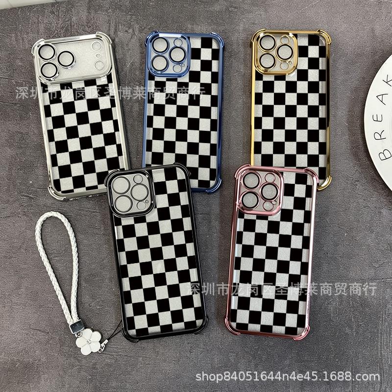 Black plaid applies to iPhone17 mobile phone case, four corners anti-drop airbag 16promax portable rope 15 protective case.