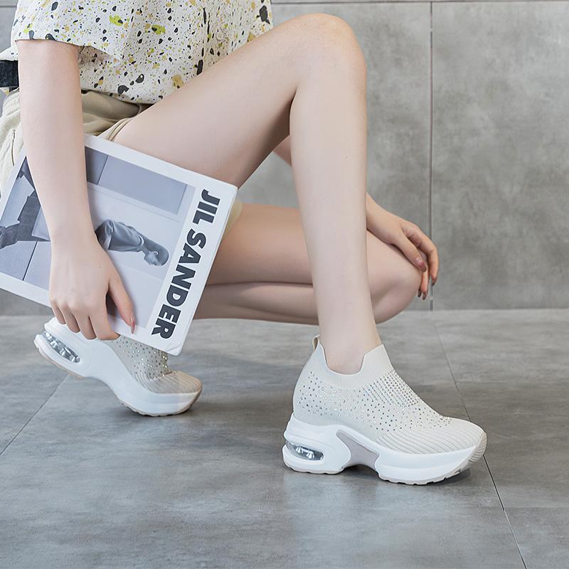Fashion 8cm Air Mesh Platform Sneakers Wedge Crystal Shoes White Black Height Increased High Heel for Women Slip on Shoes Vulcanized New