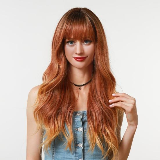 Women Wigs Neat Hair Bangs Breathable Lightweight Halloween Cosplay Long Wave Wigs for Female