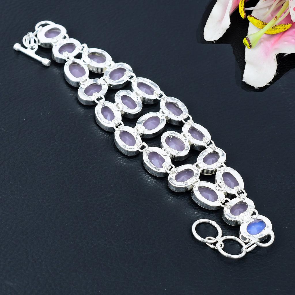 Pink Chalcedony Gemstone Handmade 925 Sterling Silver Bracelet 7-8" KG-386