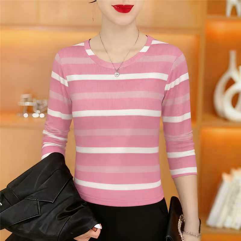 Women's Striped Long-Sleeve Round Neck T-Shirt, Fashionable Slimming Base Layer, Tummy-Covering, Versatile As Inner or Outer Layer.