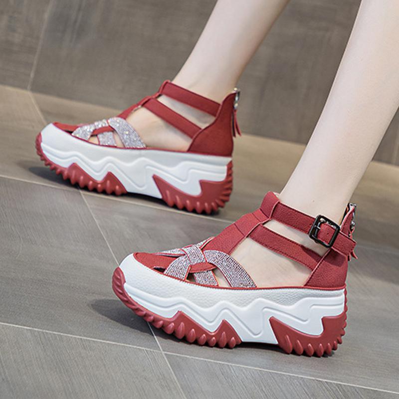 Mode GKTINOO Hollow Sandalen Strasssteine Mode Echtes Leder Damen Klobige Sneaker Damen Sommer Höhenvergrößernde Damenschuhe