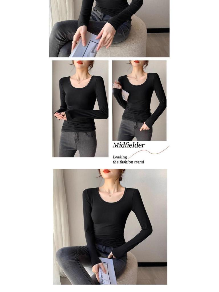 Women's Black Modal Crew Neck Long Sleeve Base Layer Top - Slim Fit, Low Neck Design for 2025 Autumn/Winter