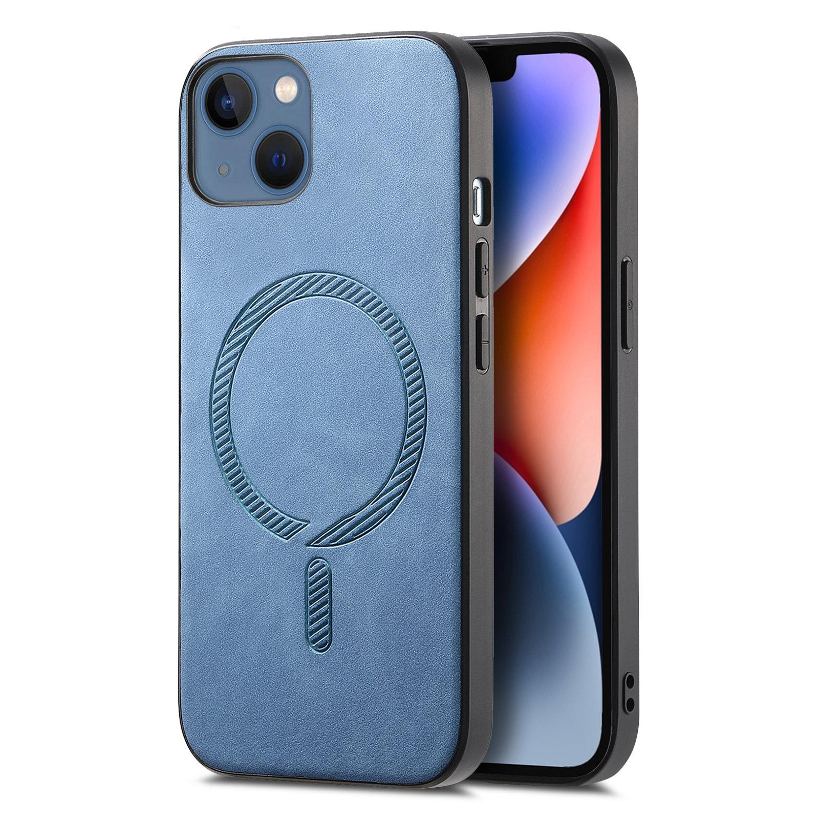 

For iPhone 14 Plus Leather Back Case Compatible with MagSafe Skin-touch Phone Cover Blue