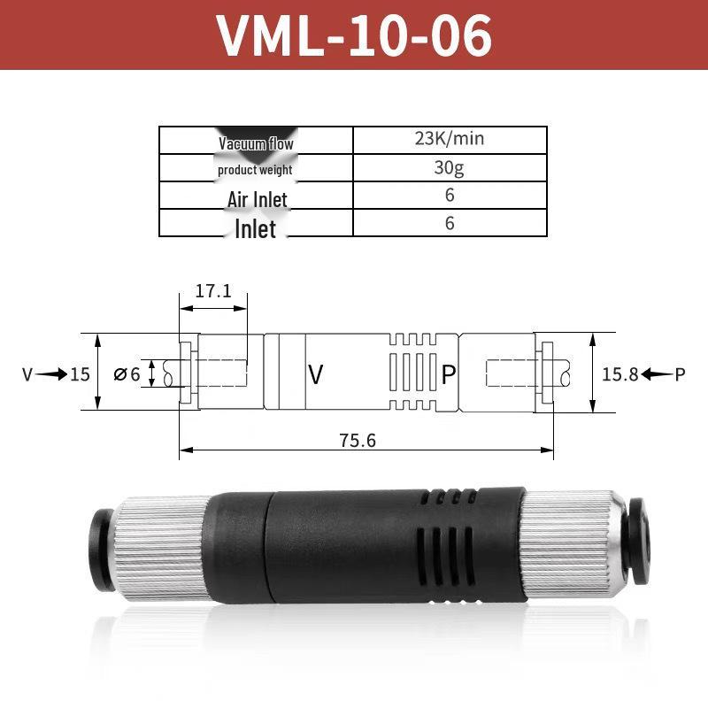 Kompakter Inline-Vakuumgenerator VML, Durchgang mit hoher Saugkraft, Unterdruckschlauch ZU Push-In Modell