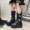 Fashion Heightened Wedge Heel Boots Autumn New Round Toe Studded Metal Buckle Side Zipper Platform Non-Slip Mid-Tube Boots
